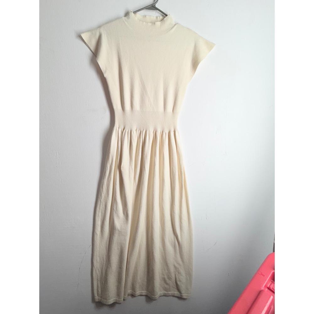 Cloud Ten Cream Knit Mock Neck Midi Dress Cap Sleeve Ribbed Waist Off White